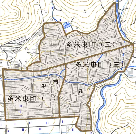 多米東町とその周辺の地図。町の範囲を重ねている