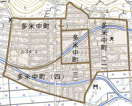 多米中町とその周辺の地図。町の範囲を重ねている