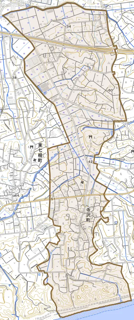 寺沢町とその周辺の地図。町の範囲を重ねている