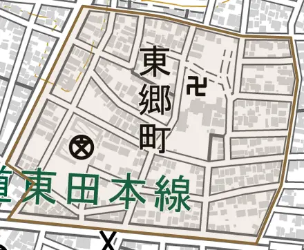 東郷町とその周辺の地図。町の範囲を重ねている
