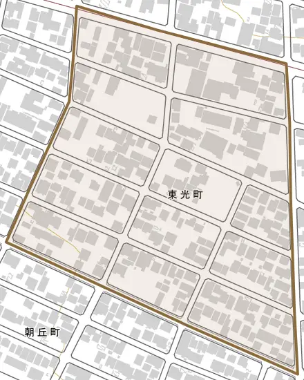 東光町とその周辺の地図。町の範囲を重ねている