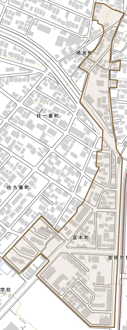 富本町とその周辺の地図。町の範囲を重ねている