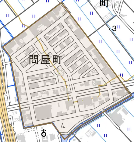問屋町とその周辺の地図。町の範囲を重ねている