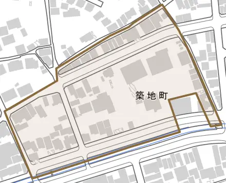 築地町とその周辺の地図。町の範囲を重ねている