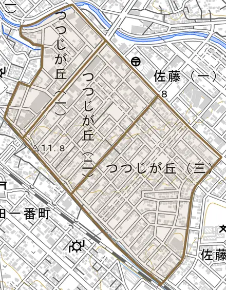 つつじが丘とその周辺の地図。町の範囲を重ねている