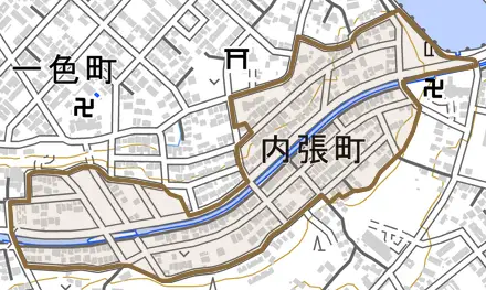 内張町とその周辺の地図。町の範囲を重ねている