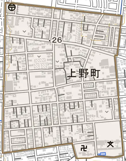 上野町とその周辺の地図。町の範囲を重ねている