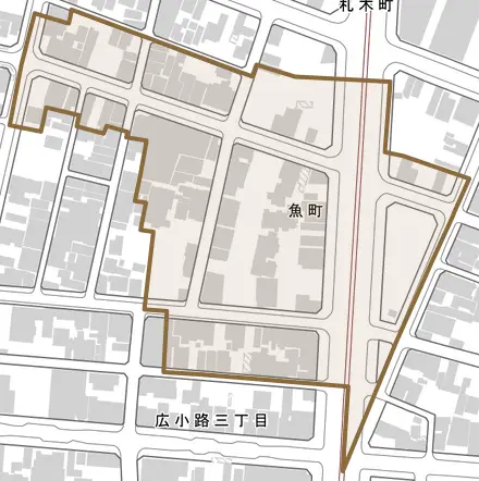 魚町とその周辺の地図。町の範囲を重ねている