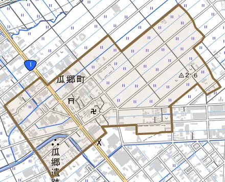 瓜郷町とその周辺の地図。町の範囲を重ねている