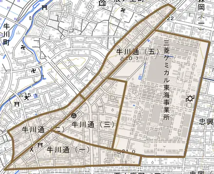 牛川通とその周辺の地図。町の範囲を重ねている