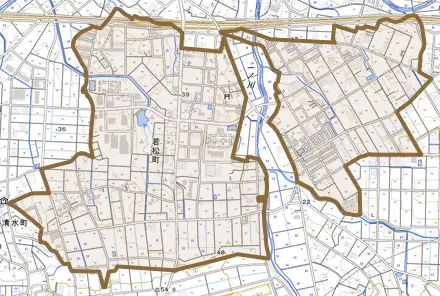 若松町とその周辺の地図。町の範囲を重ねている