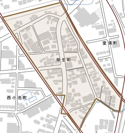 柳生町とその周辺の地図。町の範囲を重ねている