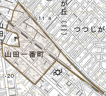 山田一番町とその周辺の地図。町の範囲を重ねている