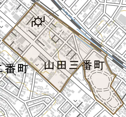 山田三番町とその周辺の地図。町の範囲を重ねている