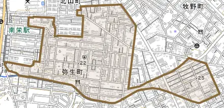 弥生町とその周辺の地図。町の範囲を重ねている