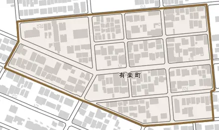 有楽町とその周辺の地図。町の範囲を重ねている