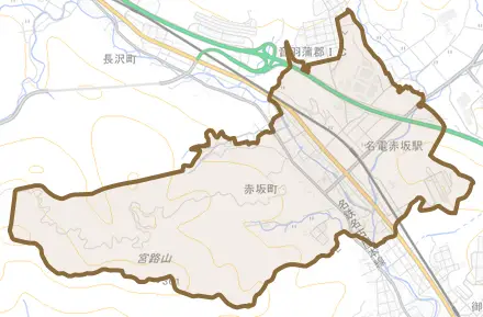 赤坂町とその周辺の地図。町の範囲を重ねている