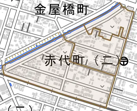 赤代町とその周辺の地図。町の範囲を重ねている