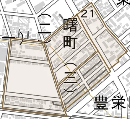 曙町とその周辺の地図。町の範囲を重ねている