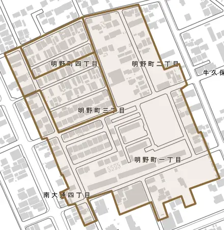 明野町とその周辺の地図。町の範囲を重ねている