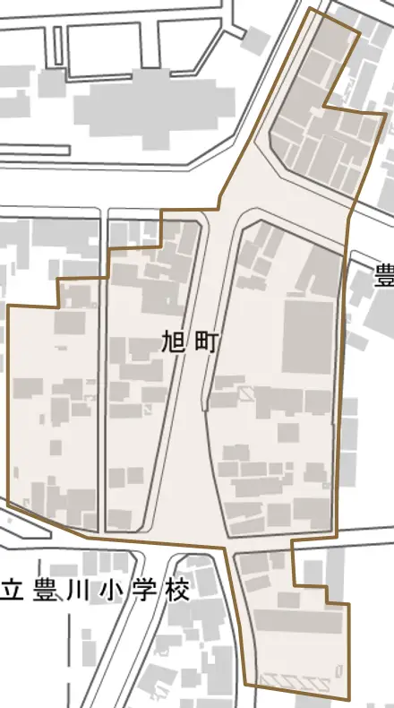 旭町とその周辺の地図。町の範囲を重ねている