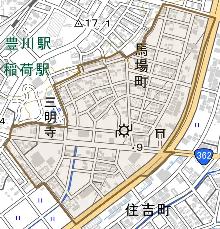 馬場町とその周辺の地図。町の範囲を重ねている