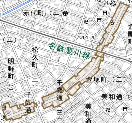 千歳通とその周辺の地図。町の範囲を重ねている
