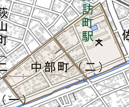 中部町とその周辺の地図。町の範囲を重ねている
