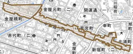 中央通とその周辺の地図。町の範囲を重ねている