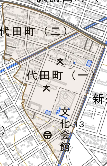 代田町とその周辺の地図。町の範囲を重ねている
