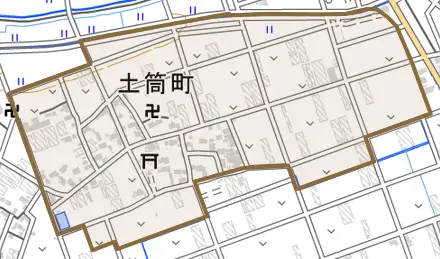 土筒町とその周辺の地図。町の範囲を重ねている