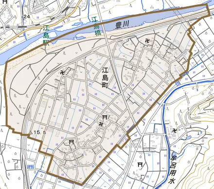 江島町とその周辺の地図。町の範囲を重ねている