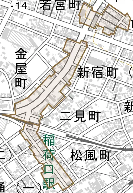 駅前通とその周辺の地図。町の範囲を重ねている