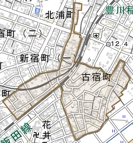 古宿町とその周辺の地図。町の範囲を重ねている