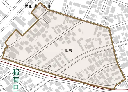 二見町とその周辺の地図。町の範囲を重ねている