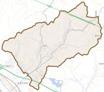 萩町とその周辺の地図。町の範囲を重ねている