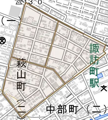 萩山町とその周辺の地図。町の範囲を重ねている