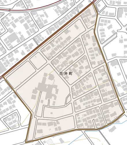 花井町とその周辺の地図。町の範囲を重ねている