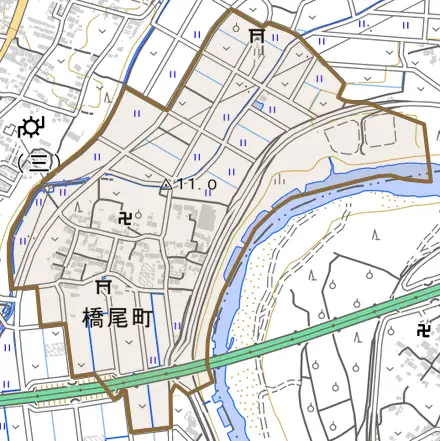 橋尾町とその周辺の地図。町の範囲を重ねている