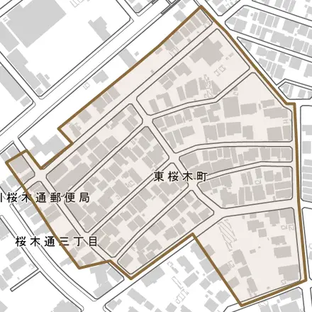 東桜木町とその周辺の地図。町の範囲を重ねている