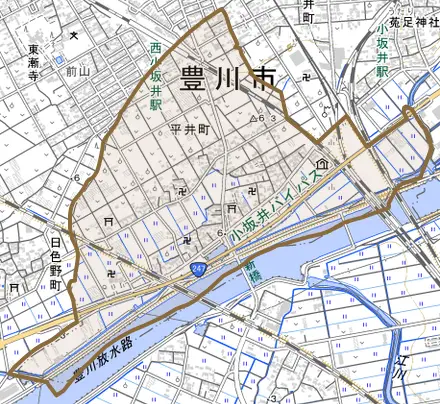 平井町とその周辺の地図。町の範囲を重ねている