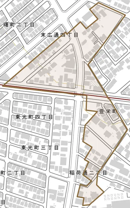 豊栄町とその周辺の地図。町の範囲を重ねている