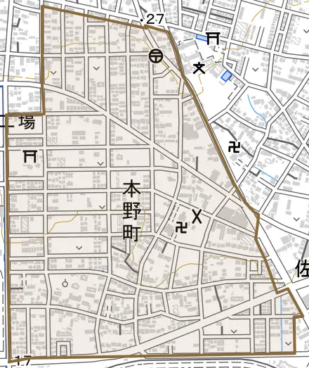本野町とその周辺の地図。町の範囲を重ねている