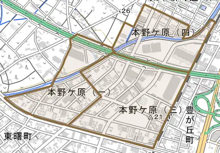 本野ケ原とその周辺の地図。町の範囲を重ねている