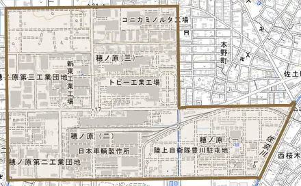 穂ノ原とその周辺の地図。町の範囲を重ねている