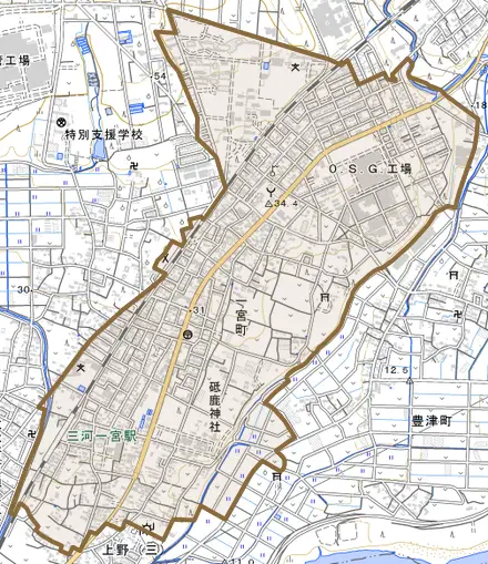 一宮町とその周辺の地図。町の範囲を重ねている