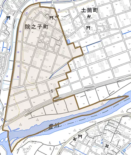 院之子町とその周辺の地図。町の範囲を重ねている