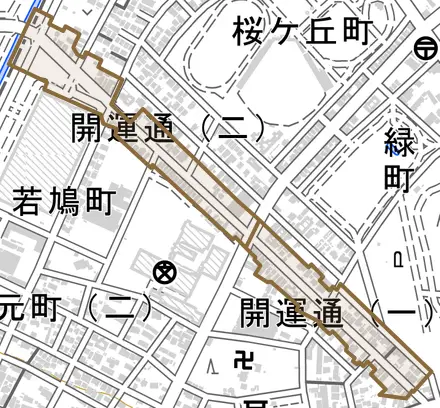 開運通とその周辺の地図。町の範囲を重ねている