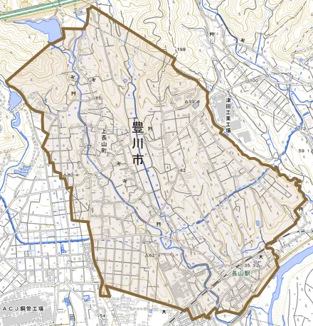 上長山町とその周辺の地図。町の範囲を重ねている