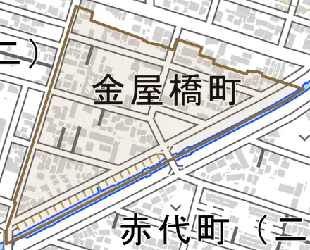 金屋橋町とその周辺の地図。町の範囲を重ねている